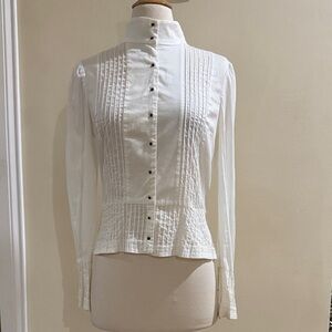 Alice + Olivia White Pintuck Button-Front Peplum Blouse